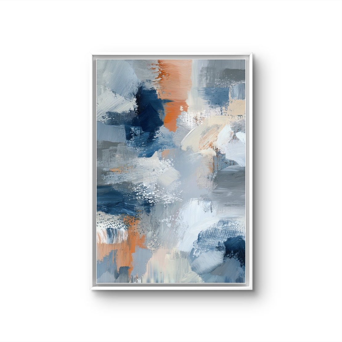 תמונה אבסטרקטית לקיר בפורמט אנכי עם צבעי כחול מעושן ואפרסק עדין