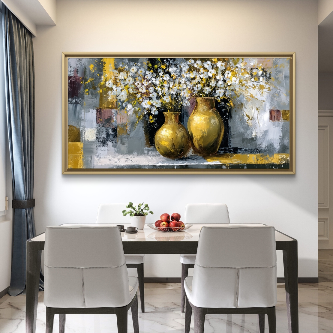תמונת קנבס Symphony in Gold – שני כדים מוזהבים מלאים בפרחים לבנים על רקע מופשט בגווני אפור וזהב