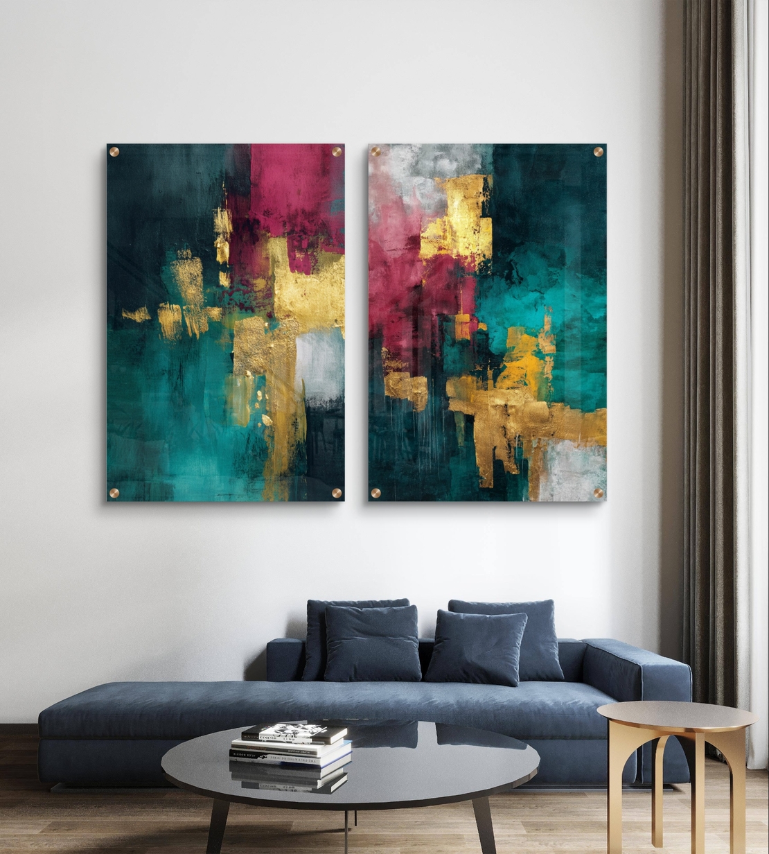 תמונת זכוכית זוגית אבסטרקטית בגווני טורקיז ובורדו עם נגיעות זהב, הדפסה חלקה ללא תבליט