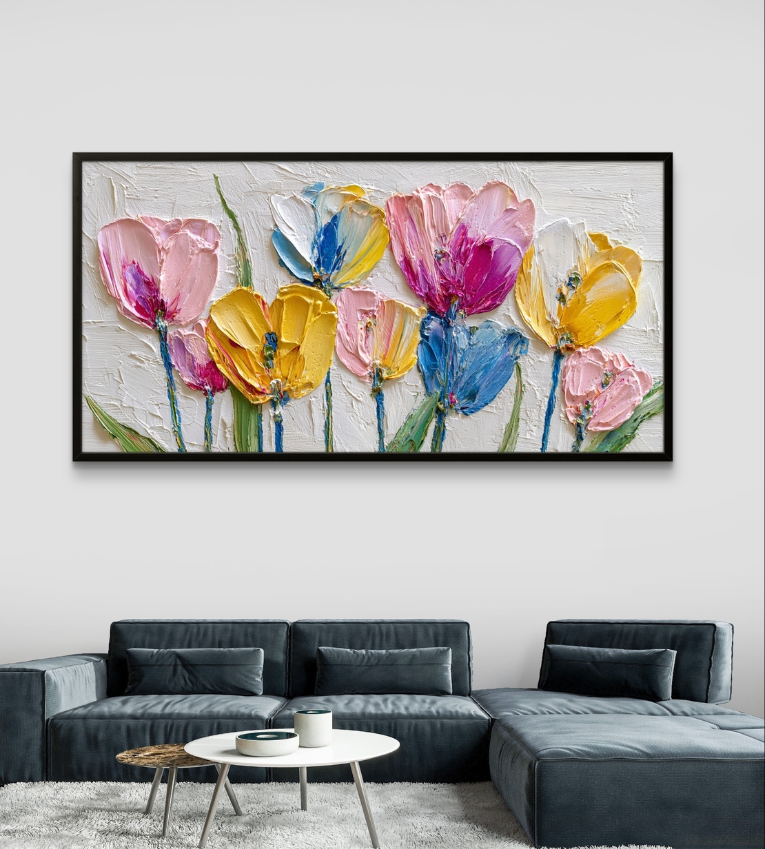 תמונת קנבס לרוחב עם פרחים צבעוניים בסגנון ציור אמנותי ועדין לעיצוב הבית