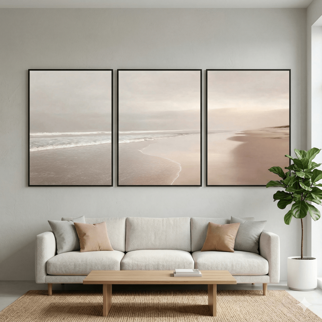 שלישיית תמונות קנבס של חוף ים בגוונים רגועים
