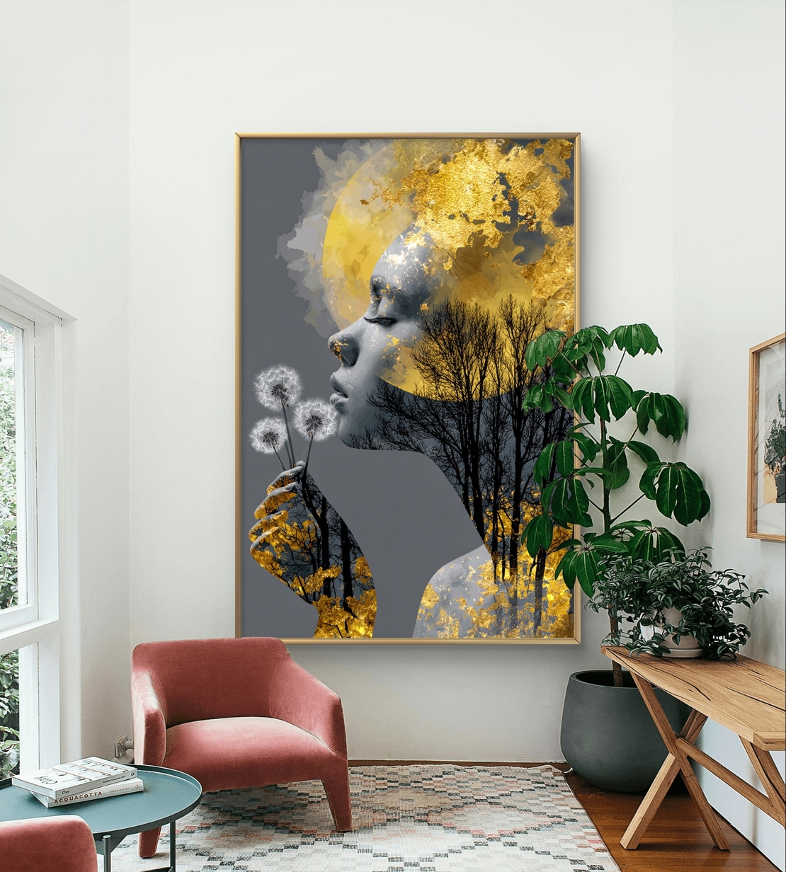 תמונת קנבס אומנותית של אישה עם נגיעות זהב, עצים ופרח, בעיצוב רגשי ומודרני
