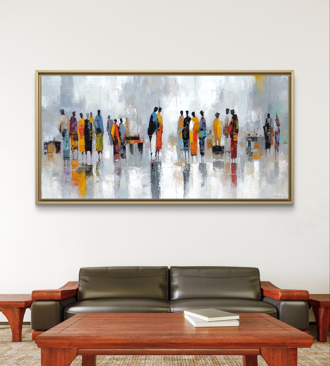 תמונת קנבס לרוחב עם דמויות אבסטרקטיות בצבעים חמים וסגנון מודרני