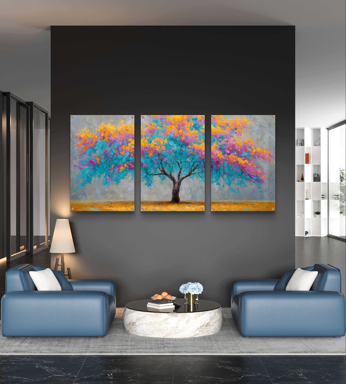 שלישיית תמונות זכוכית עם עץ צבעוני בגווני טורקיז, ורוד וכתום, בהדפסה חלקה ומבריקה לעיצוב קיר יוקרתי