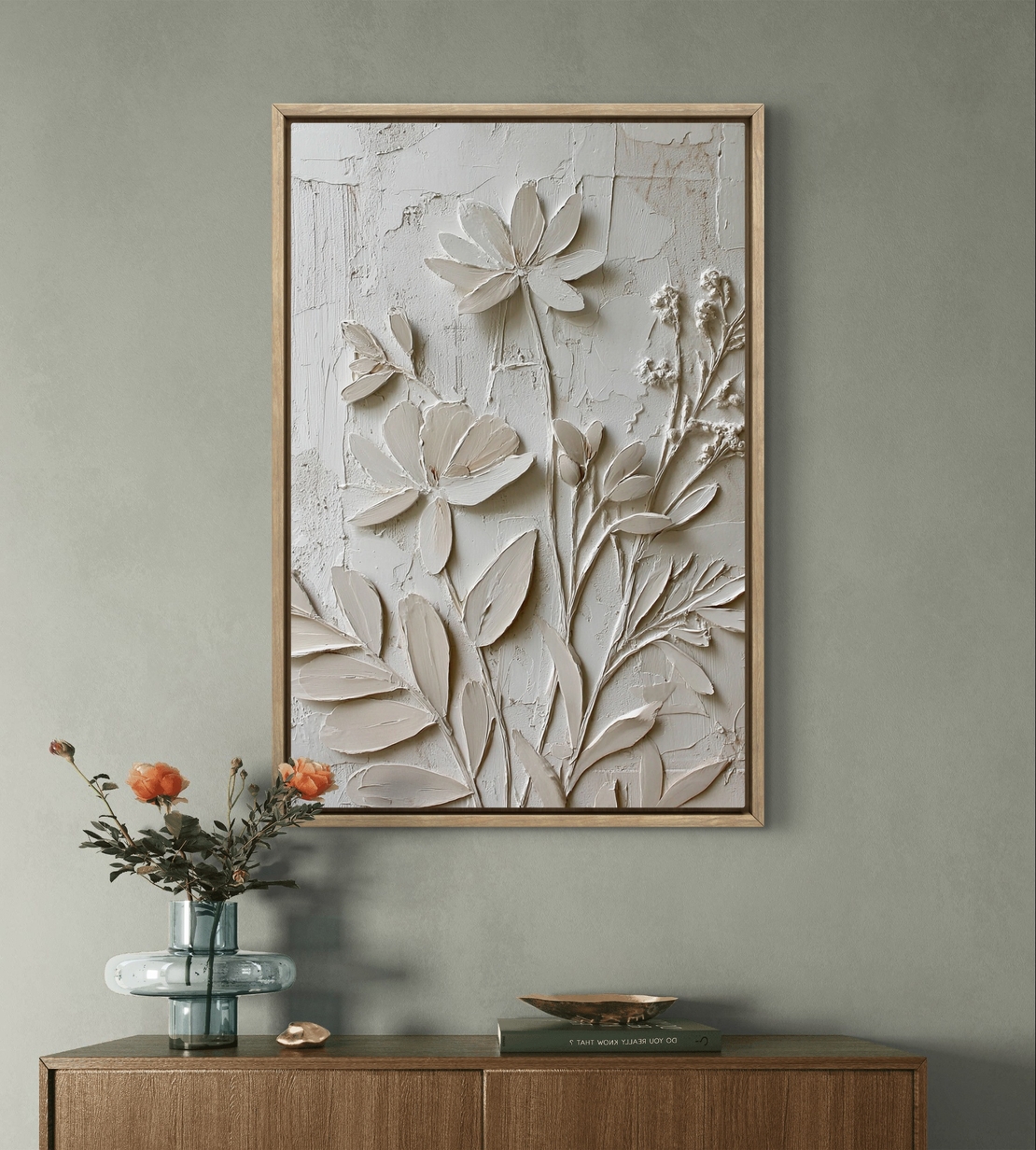 פרחי תבליט בגווני שמנת – תמונת קנבס טקסטורלית אלגנטית | DX5113