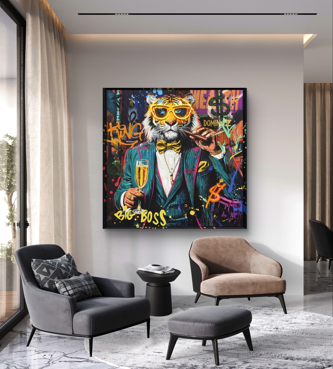 תמונת טייגר BIG BOSS מוארת עם שלט רחוק וסוללות – אמנות LED - מידות 83*83 ס