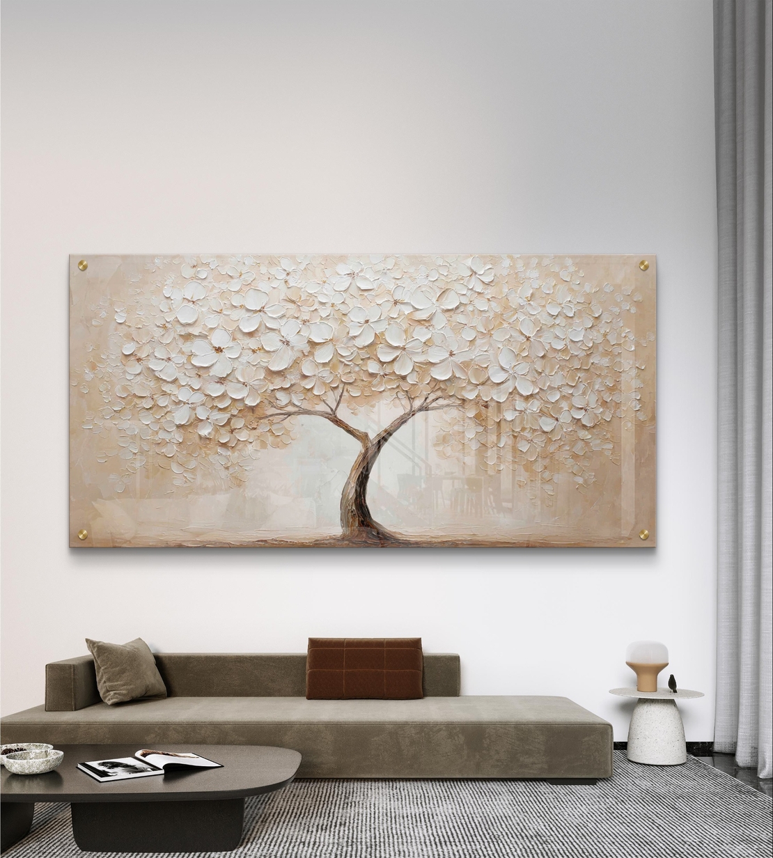עץ פריחה לבנה על זכוכית – תמונת זכוכית יוקרתית בגווני שמנת, פנינה ובז׳ | GX4171