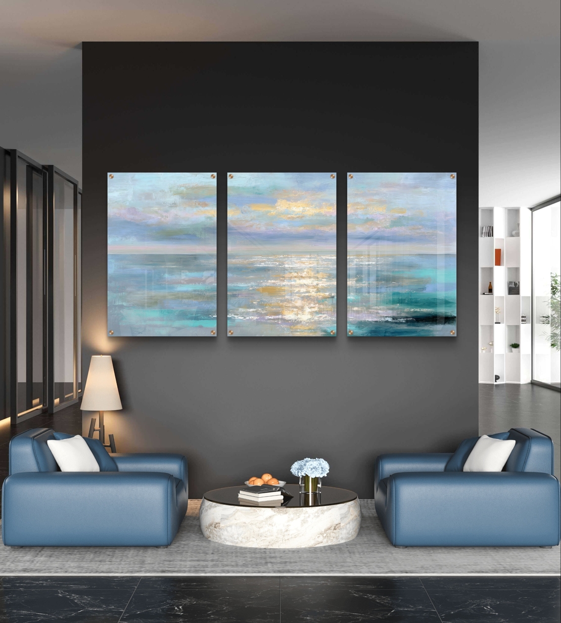 תמונת זכוכית שלשה נוף ים רגוע עם השתקפות אור