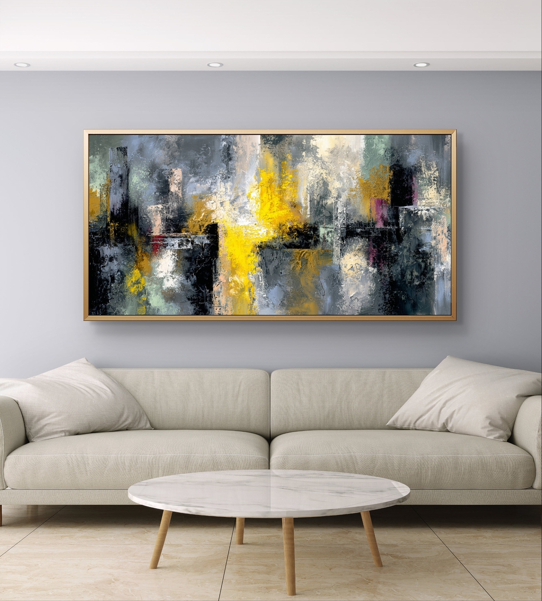 תמונת קנבס אבסטרקט עירוני – כתמי זהב וצהוב על רקע אפור ושחור | CJ6533