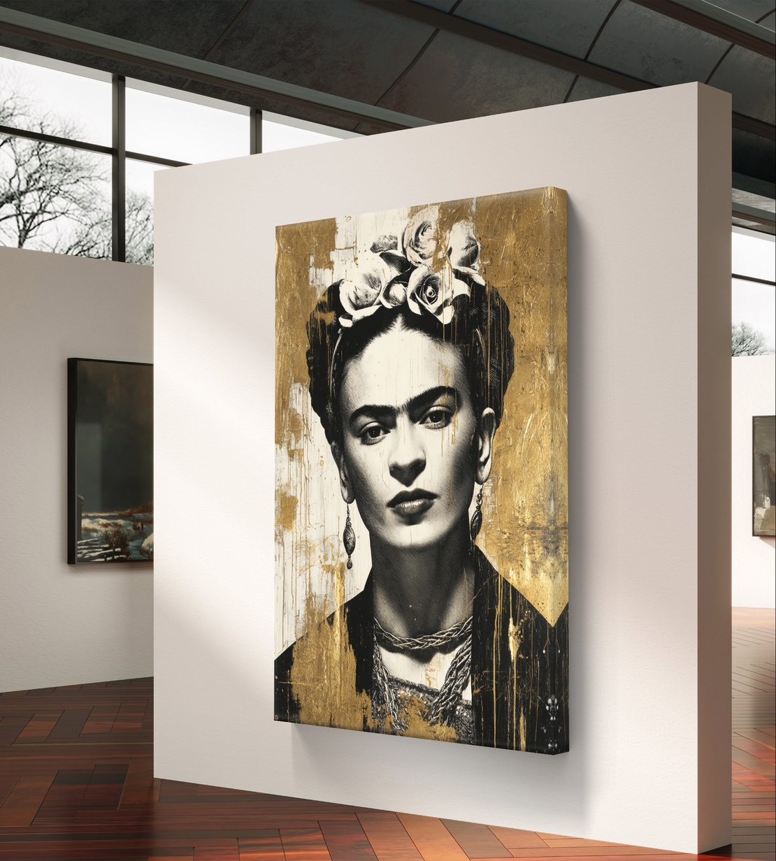 דיוקן זהב פרידה קאלו מונוכרומטי – תמונת קנבס אישה בשחור לבן וזהב | DC4472