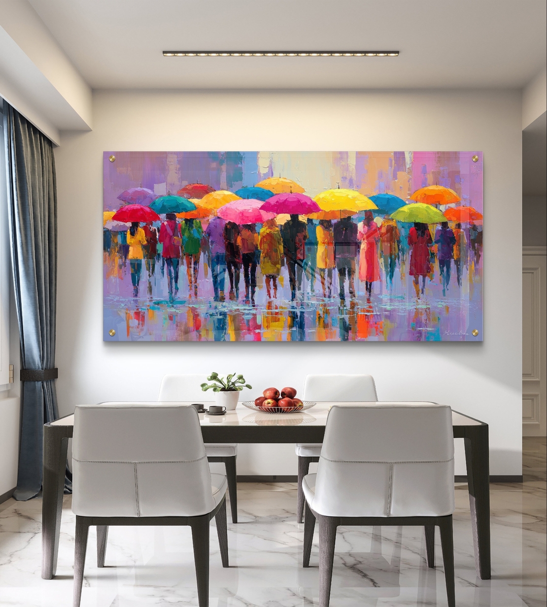 גשם של צבע – תמונת זכוכית אורבנית עם מטריות צבעוניות והשתקפויות | GP1392