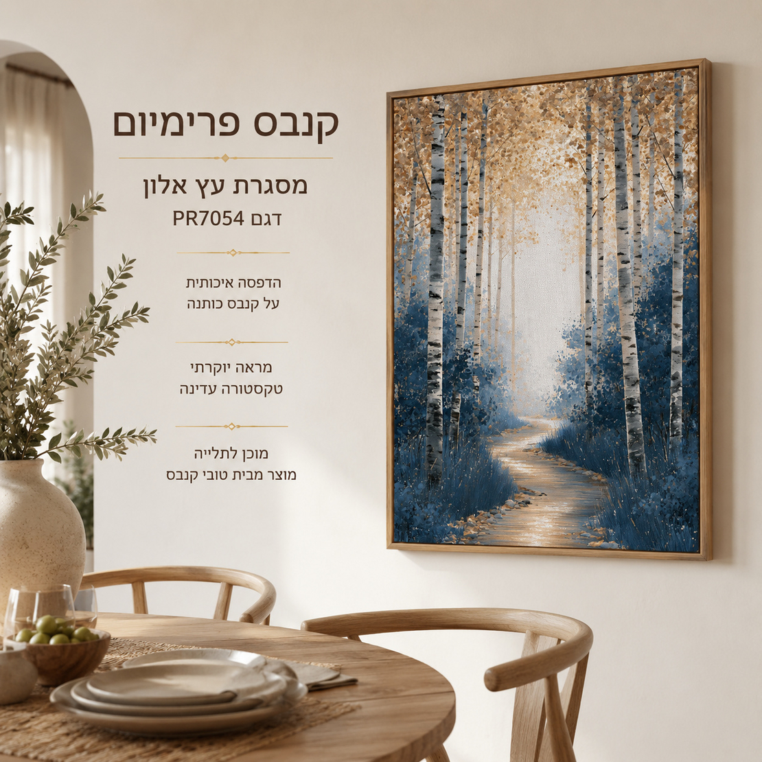 תמונת קנבס פרימיום יער ליבנים עם שביל כחול וזהב – דגם PR7054