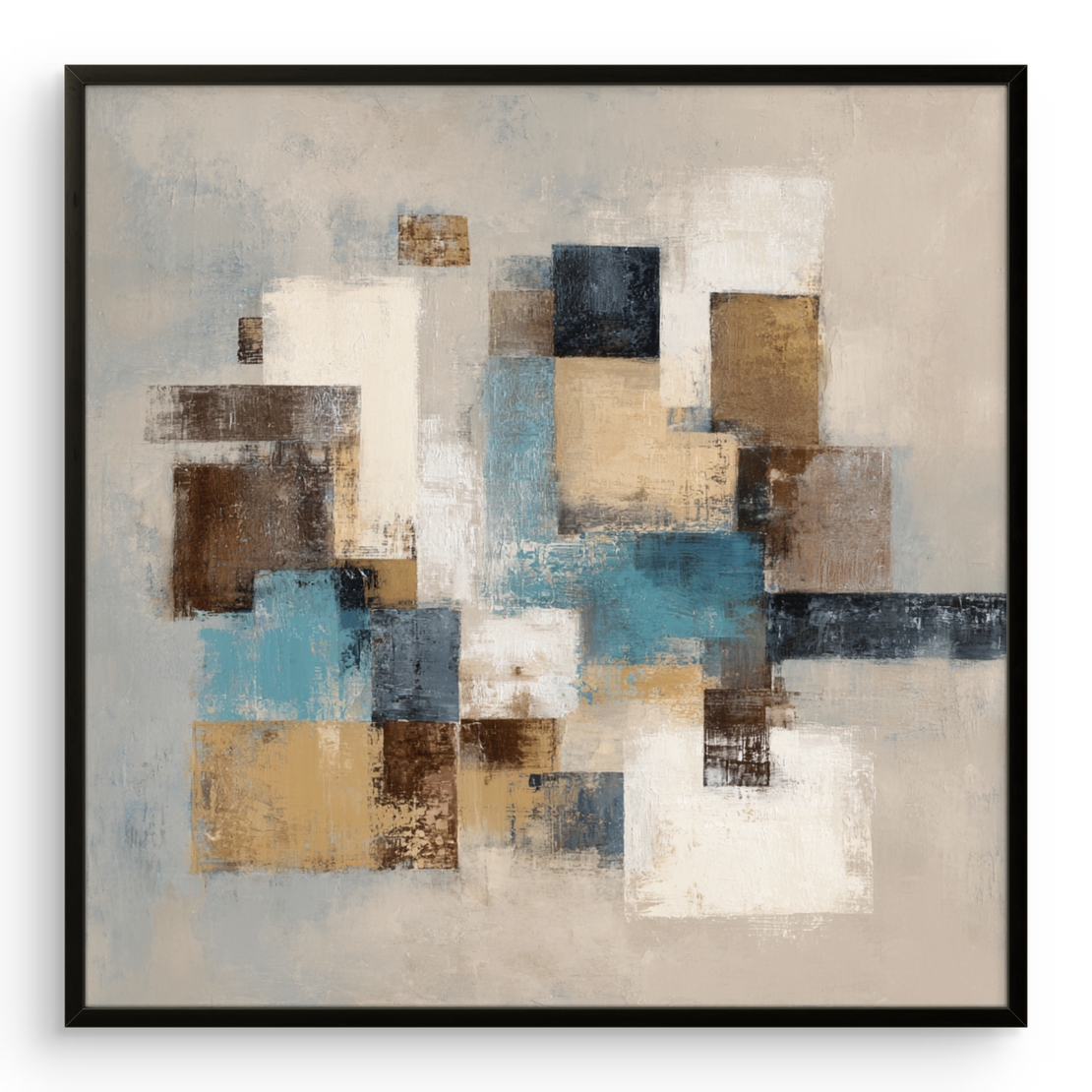 תמונת קיר גיאומטרית אלגנטית בבז׳ וכחול, מתאימה לסלון ולמשרד בעיצוב נקי