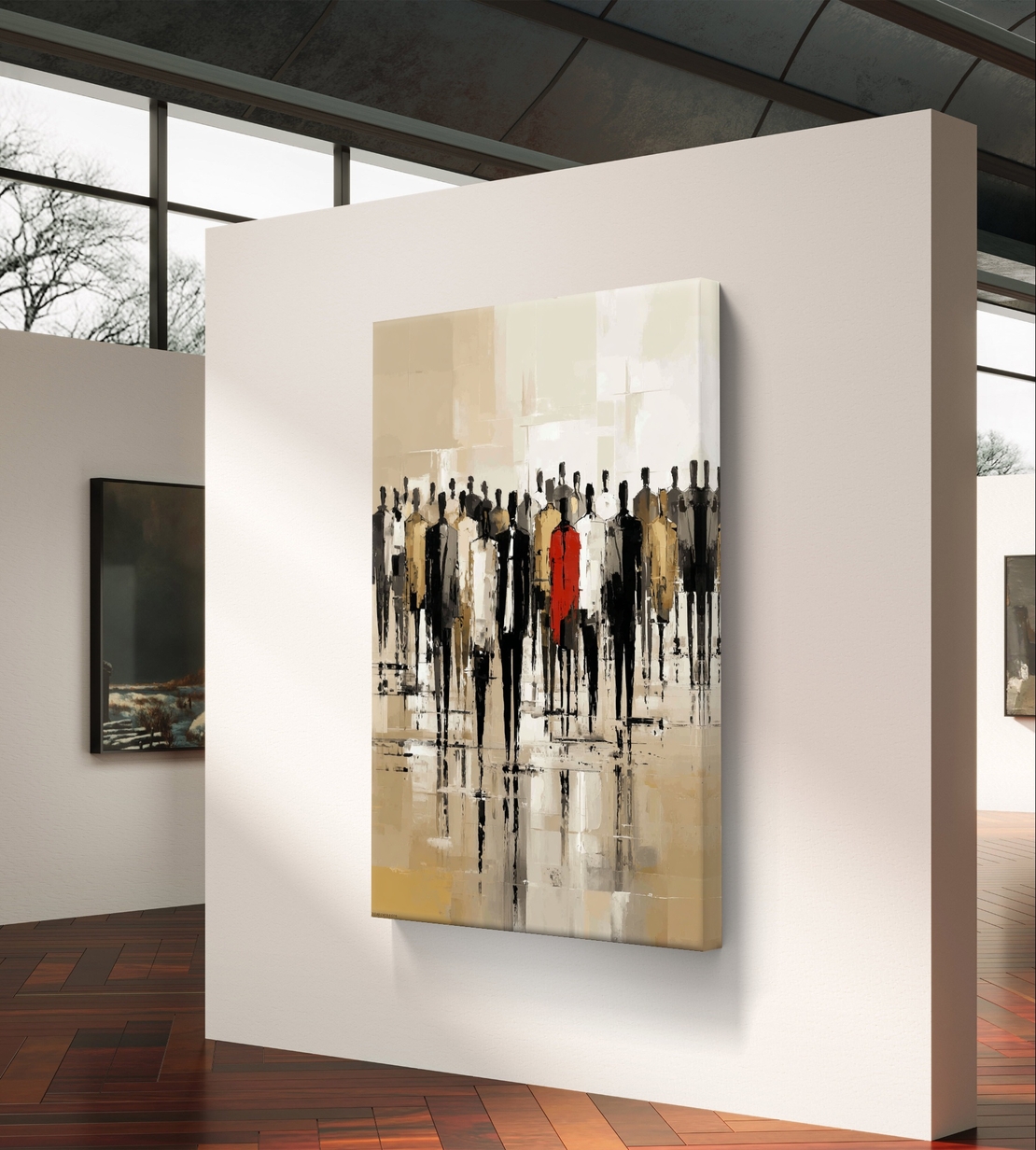 תמונת קנבס גדולה עם דמות באדום במרכז הקומפוזיציה