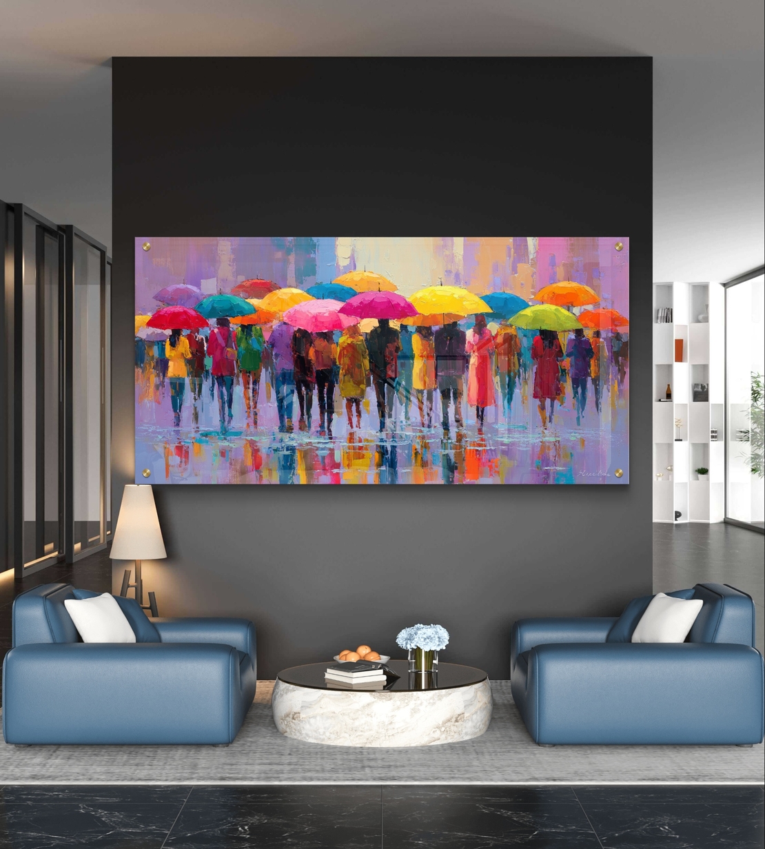 גשם של צבע – תמונת זכוכית אורבנית עם מטריות צבעוניות והשתקפויות | GP1392