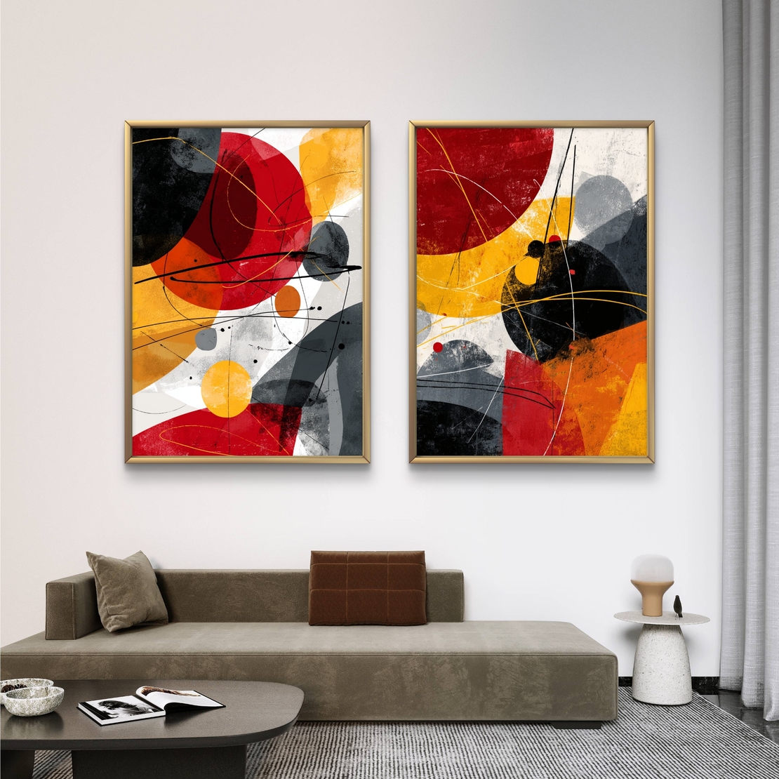 סט תמונות קנבס זוגי בעיצוב אבסטרקט צבעוני בגווני אדום, צהוב, שחור ואפור – תכשיט לבית