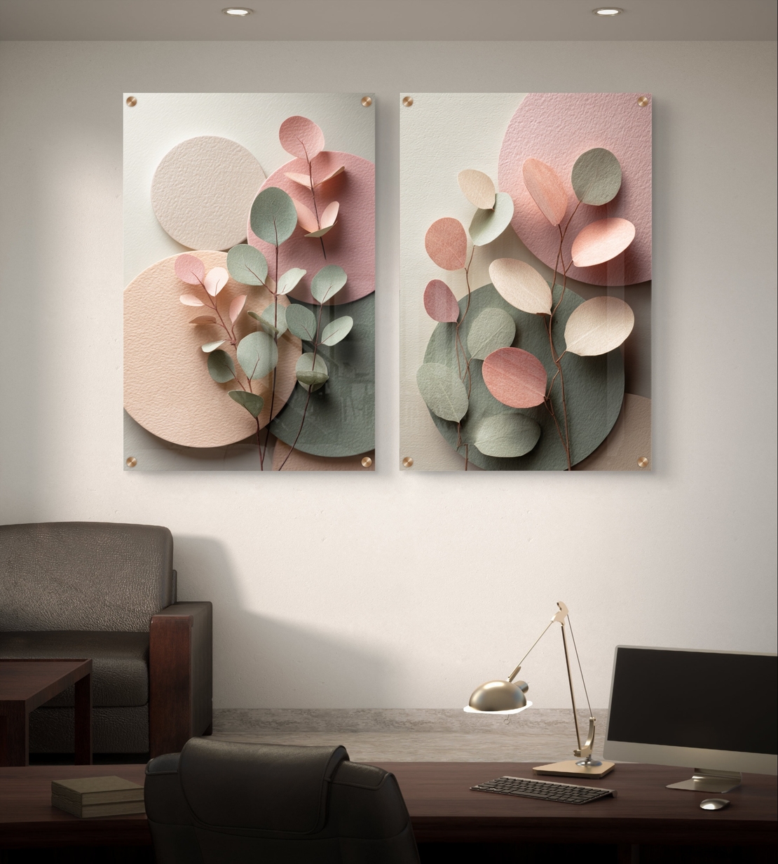 תמונת זכוכית זוגית בעיצוב עדין עם עלים וצורות פסטל בגווני ורוד וירוק