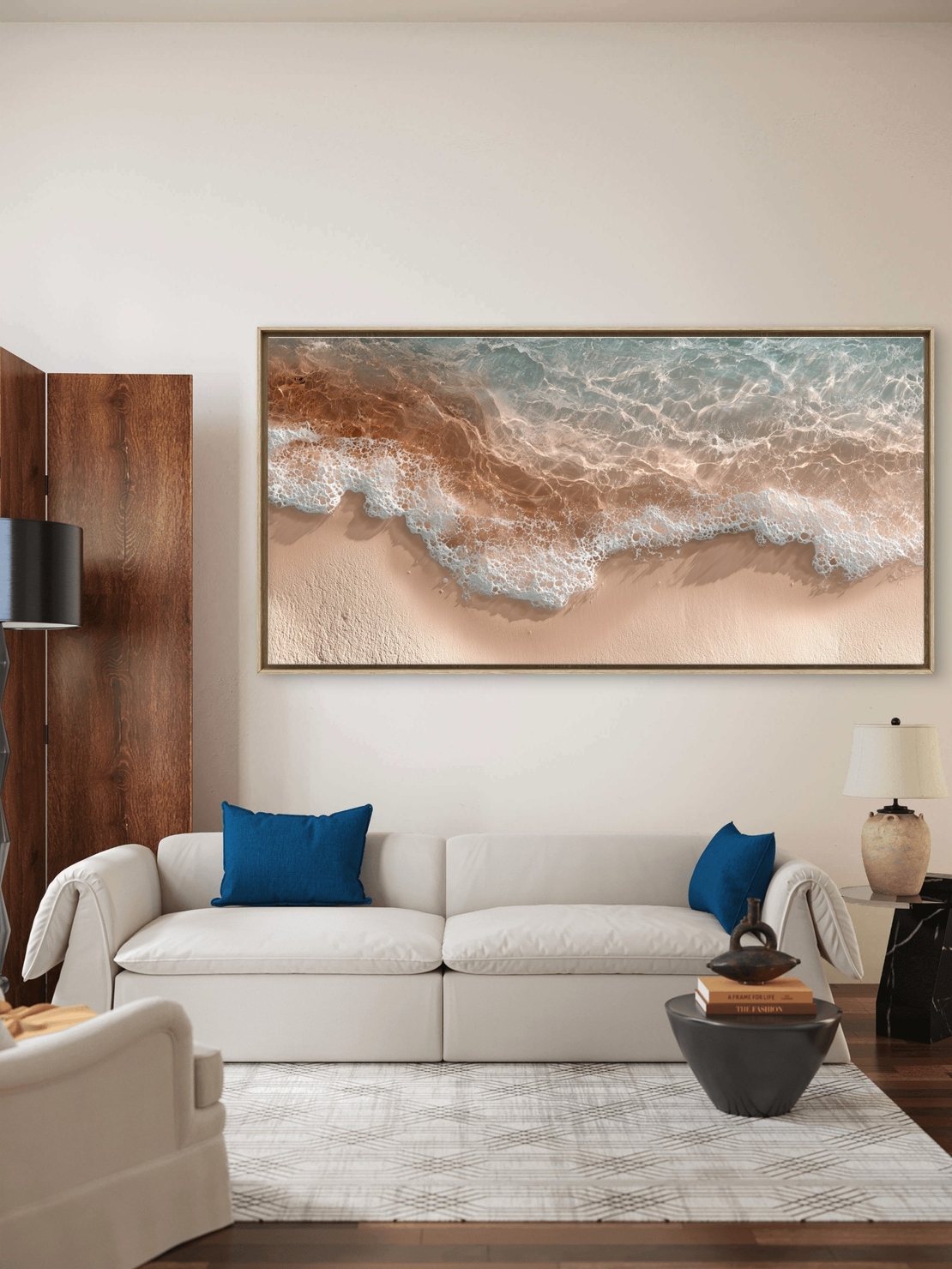 תמונת קנבס לרוחב של חוף וגלים בגווני טורקיז וזהב – NEXTGEN BY BAR