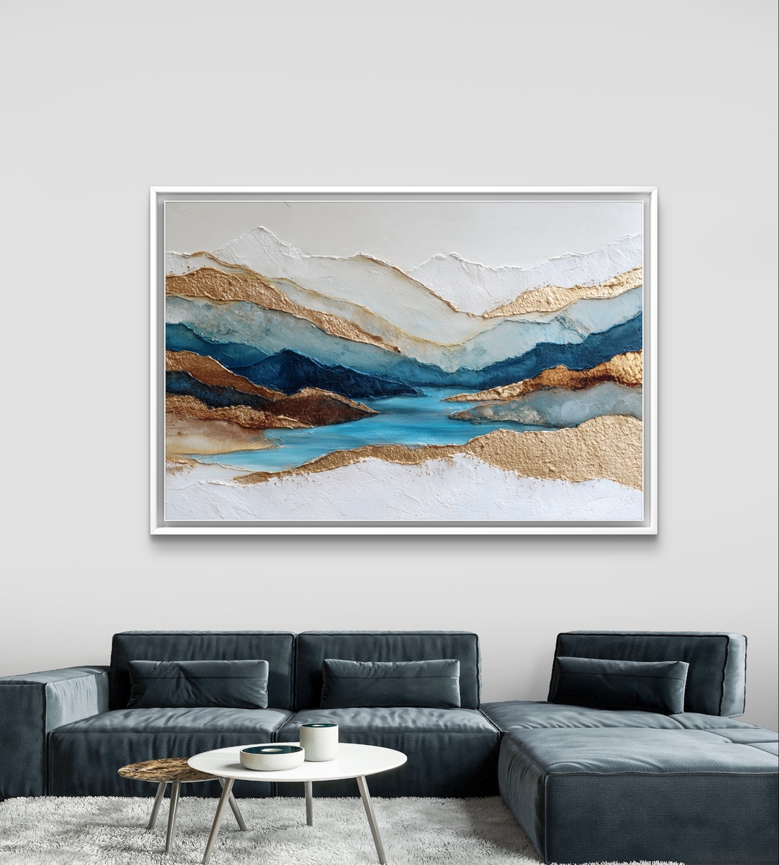 תמונת קנבס אבסטרקטית בגווני כחול ותכלת עם נגיעות זהב בעיצוב יוקרתי