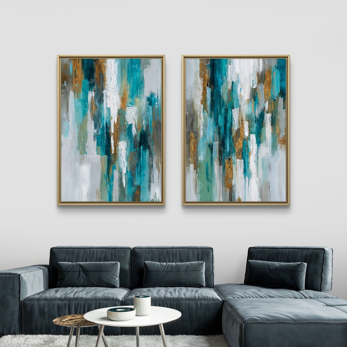 סט תמונות קנבס זוגי בגווני טורקיז, לבן וזהב בעיצוב אבסטרקטי – תכשיט לבית