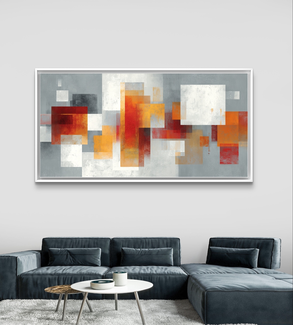 תמונת קנבס לרוחב בהדפסה חלקה עם צורות אבסטרקטיות בגווני אפור, לבן וכתום, בעיצוב מודרני ואלגנטי לבית.