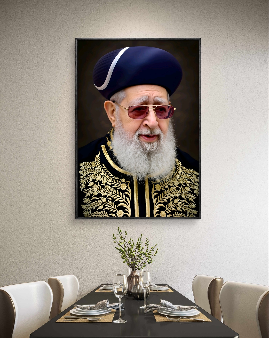 תמונת קנבס מרשימה של רב בלבוש מסורתי מעוטר ברקמות זהב, חובש כובע ייחודי וחובש משקפיים כהים – משדרת חוכמה והדר.