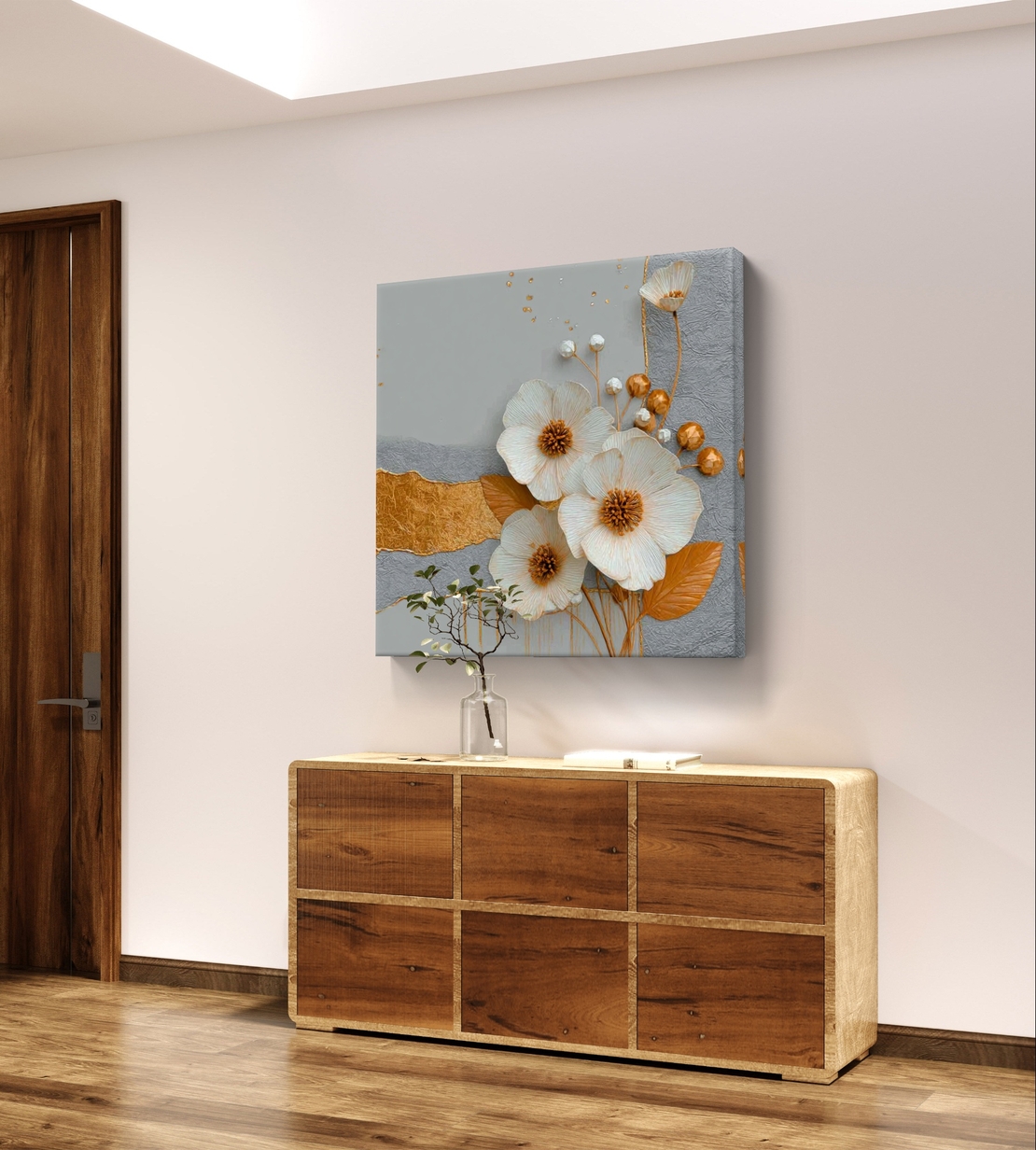 עלי זהב – תמונת קנבס פרחים לבנים עם זהב ואפור | SQ3381