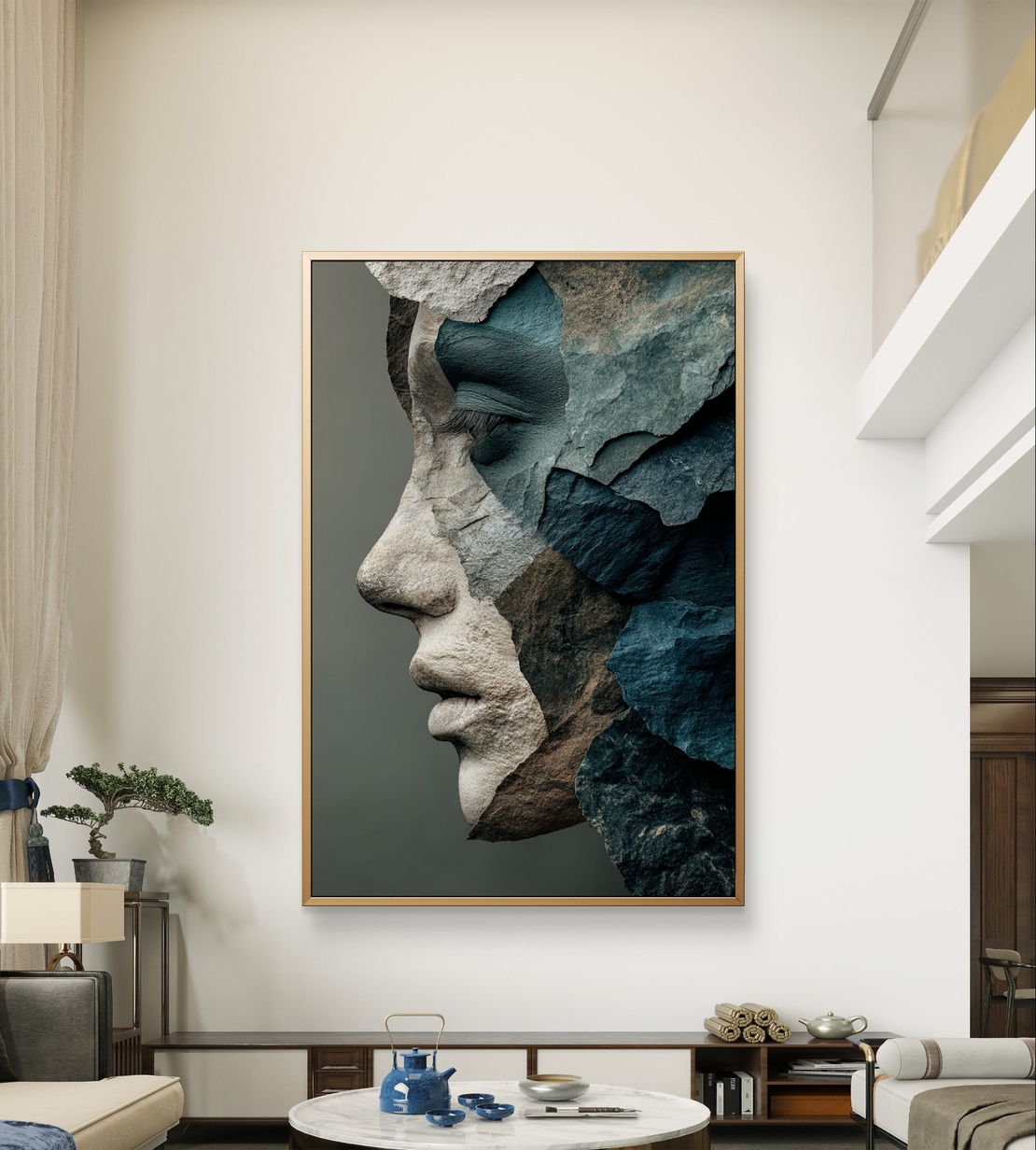דיוקן סלעים בכחול ואפור – תמונת קנבס אמנותית דרמטית | DX5112