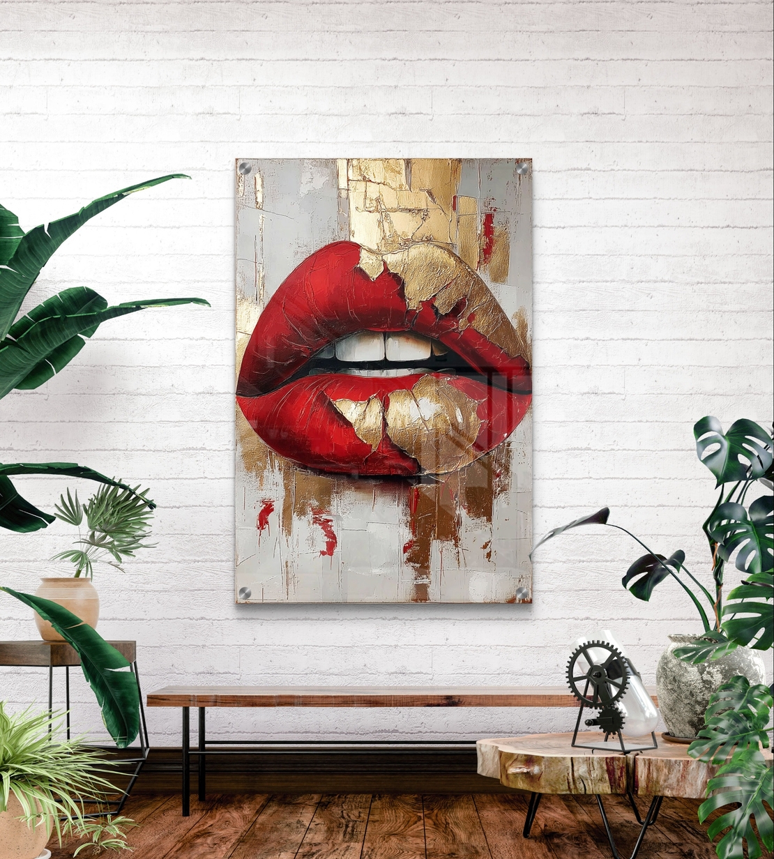 תמונת זכוכית עם שפתיים אדומות ונגיעות זהב בעיצוב מודרני, נועז ויוקרתי לקיר הבית