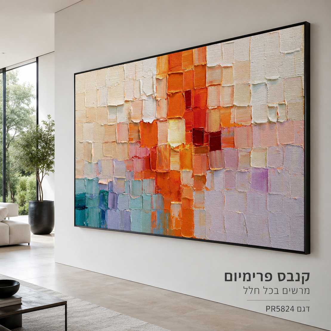 ציור קנבס פרימיום ריבועים צבעוניים אבסטרקט כתום טורקיז וסגול מרקם בולט | דגם PR5824
