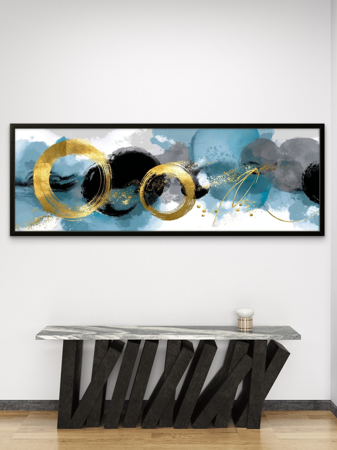 תמונת קנבס פנורמית מודרנית בגווני תכלת שחור וזהב עם מעגלים מוזהבים – תכשיט לבית