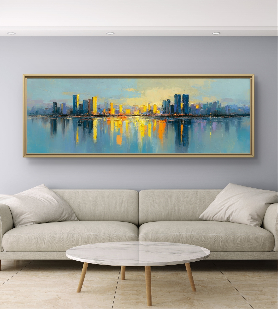 קנבס נוף עירוני יוקרתי עם צבעי שקיעה חמים.