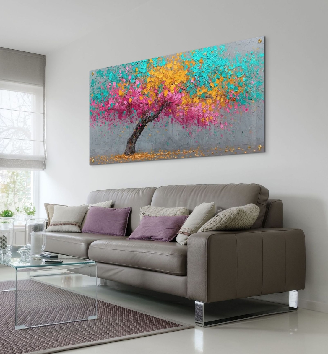 תמונת זכוכית לרוחב עם עץ צבעוני בגווני ורוד טורקיז וצהוב בעיצוב מודרני לסלון