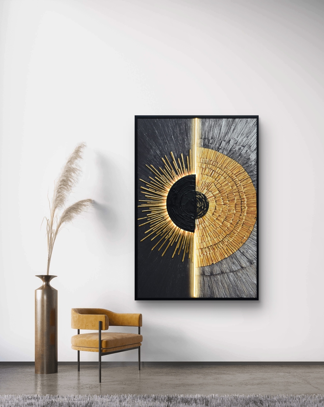 תמונת שמש אבסטרקטית שחור זהב מוארת עם שלט רחוק וסוללות – אמנות LED דגם LED1009-מידה 123*83 ס