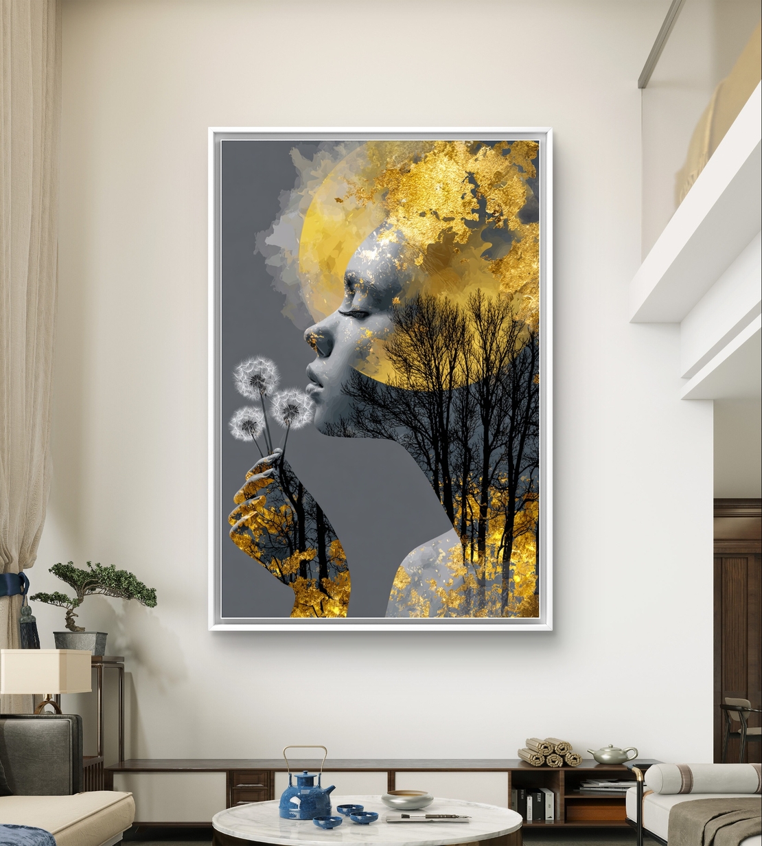 תמונת קנבס אומנותית של אישה עם נגיעות זהב, עצים ופרח, בעיצוב רגשי ומודרני