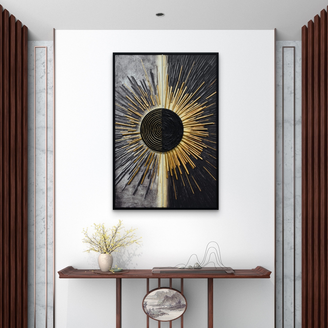 תמונת LED שמש אבסטרקטית שחור זהב – הדפס משודרג עם מריחות צבע, מופעלת על סוללות עם שלט רחוק - מידה 123*83 ס