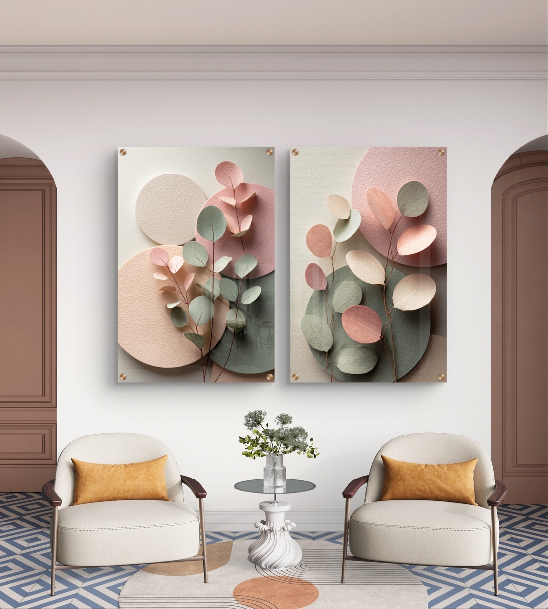 תמונת זכוכית זוגית בעיצוב עדין עם עלים וצורות פסטל בגווני ורוד וירוק