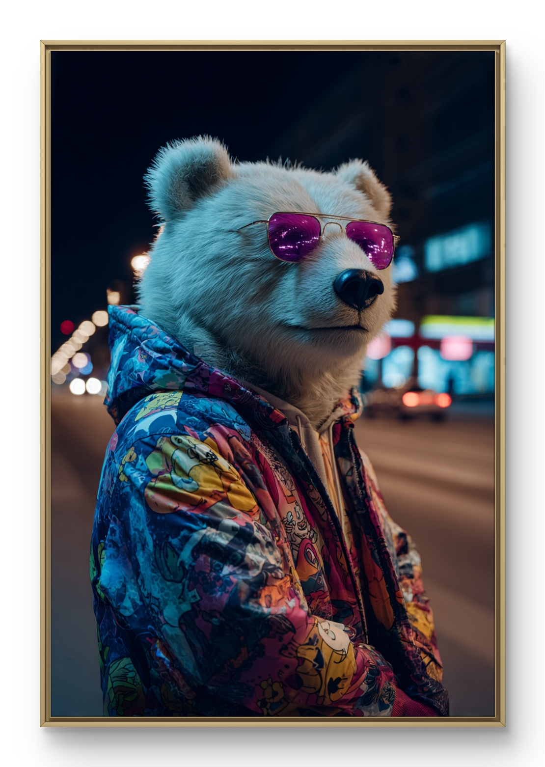 תמונת קנבס של דוב אורבני עם משקפי שמש סגולים וז’קט צבעוני על רקע עירוני בלילה