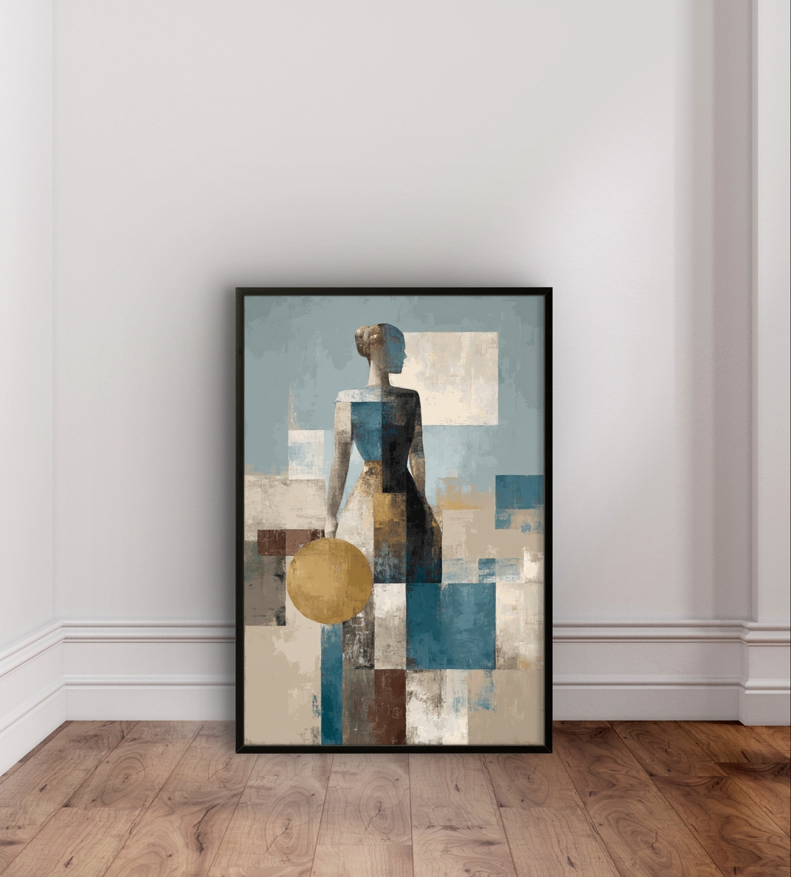 תמונת קנבס עם דמות נשית מופשטת בסגנון גאומטרי, גווני תכלת וחול ועיגול זהוב בעיצוב אלגנטי ומודרני