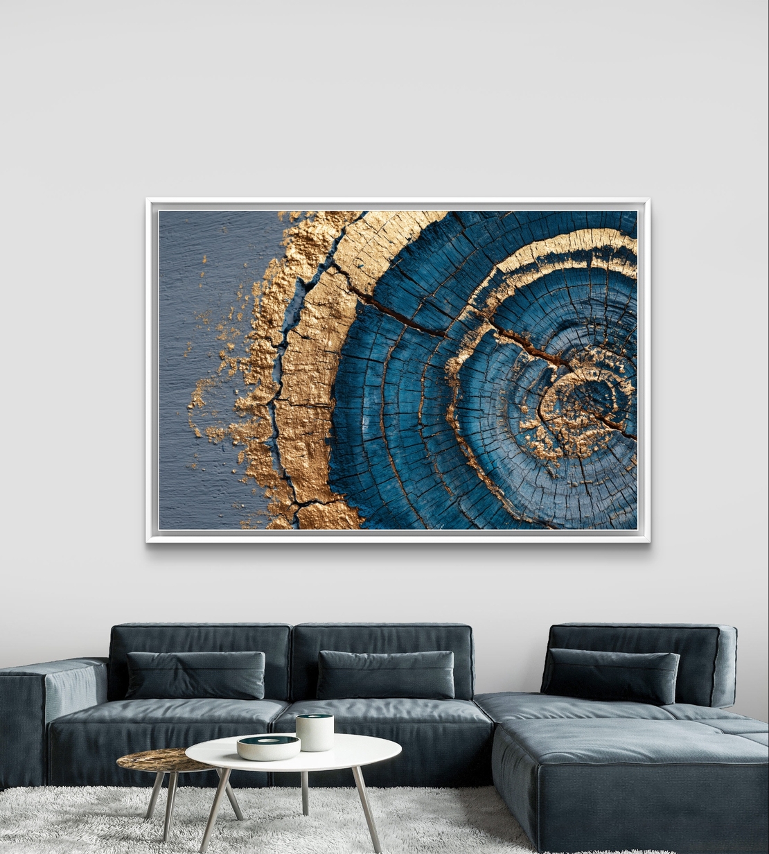 תמונת קנבס אבסטרקטית עם מעגלים בגווני כחול וזהב בהשראת חתך עץ