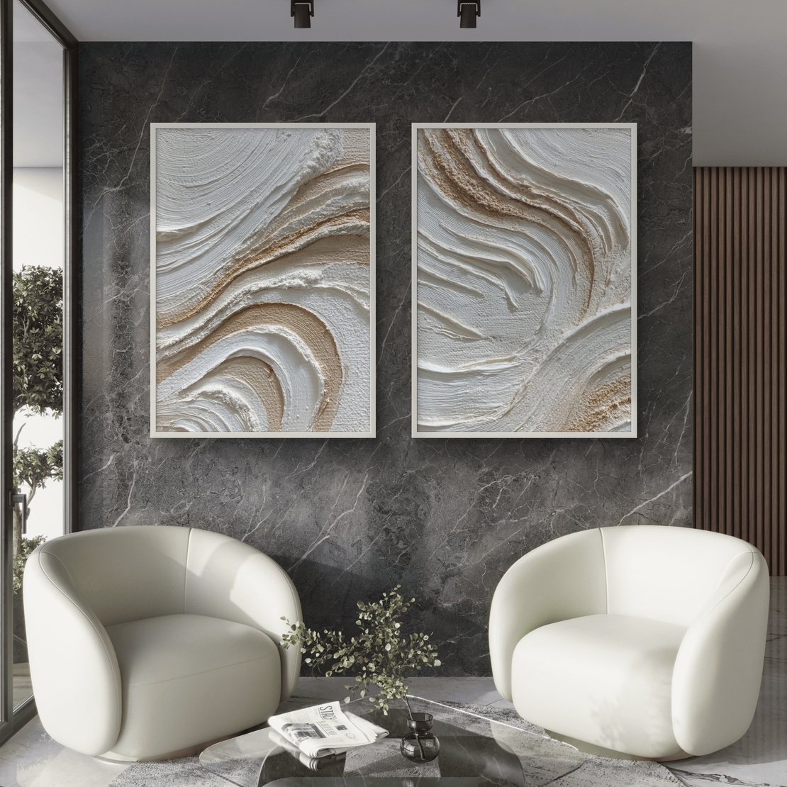 זוג תמונות קנבס גלים טקסטורליים בגווני שמנת ובז׳ – דגם TL8554
