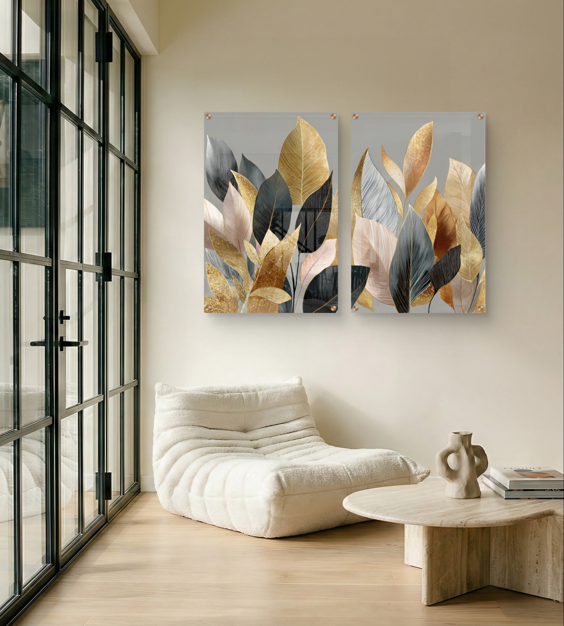 תמונת זכוכית זוגית עם עלים בגווני זהב, שמנת ושחור בעיצוב אלגנטי ומודרני