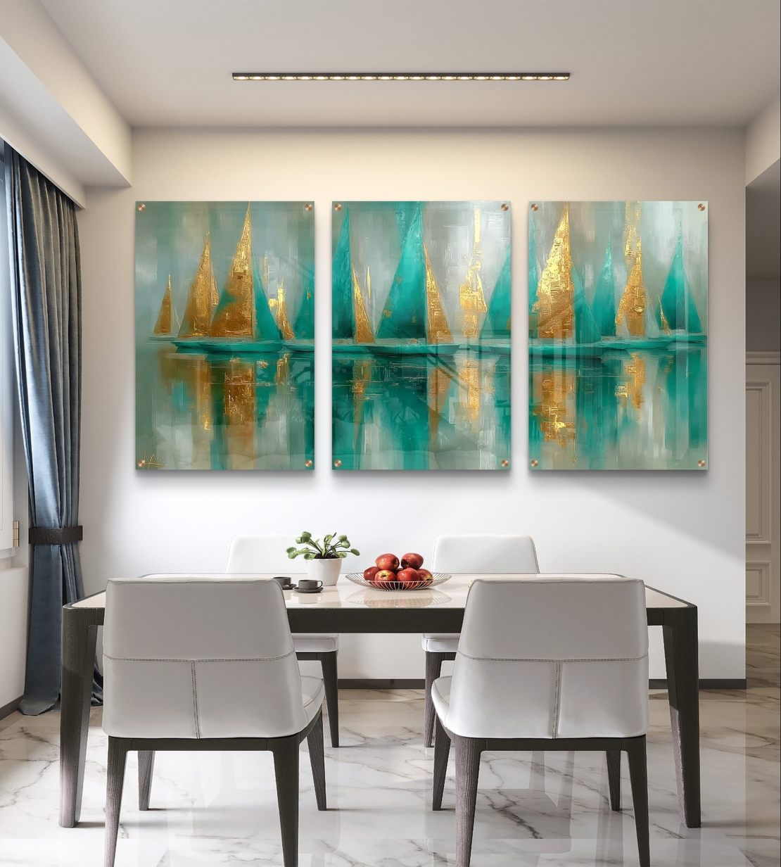 תמונת זכוכית שלשה עם מפרשים מופשטים בגווני טורקיז וזהב – תכשיט לבית