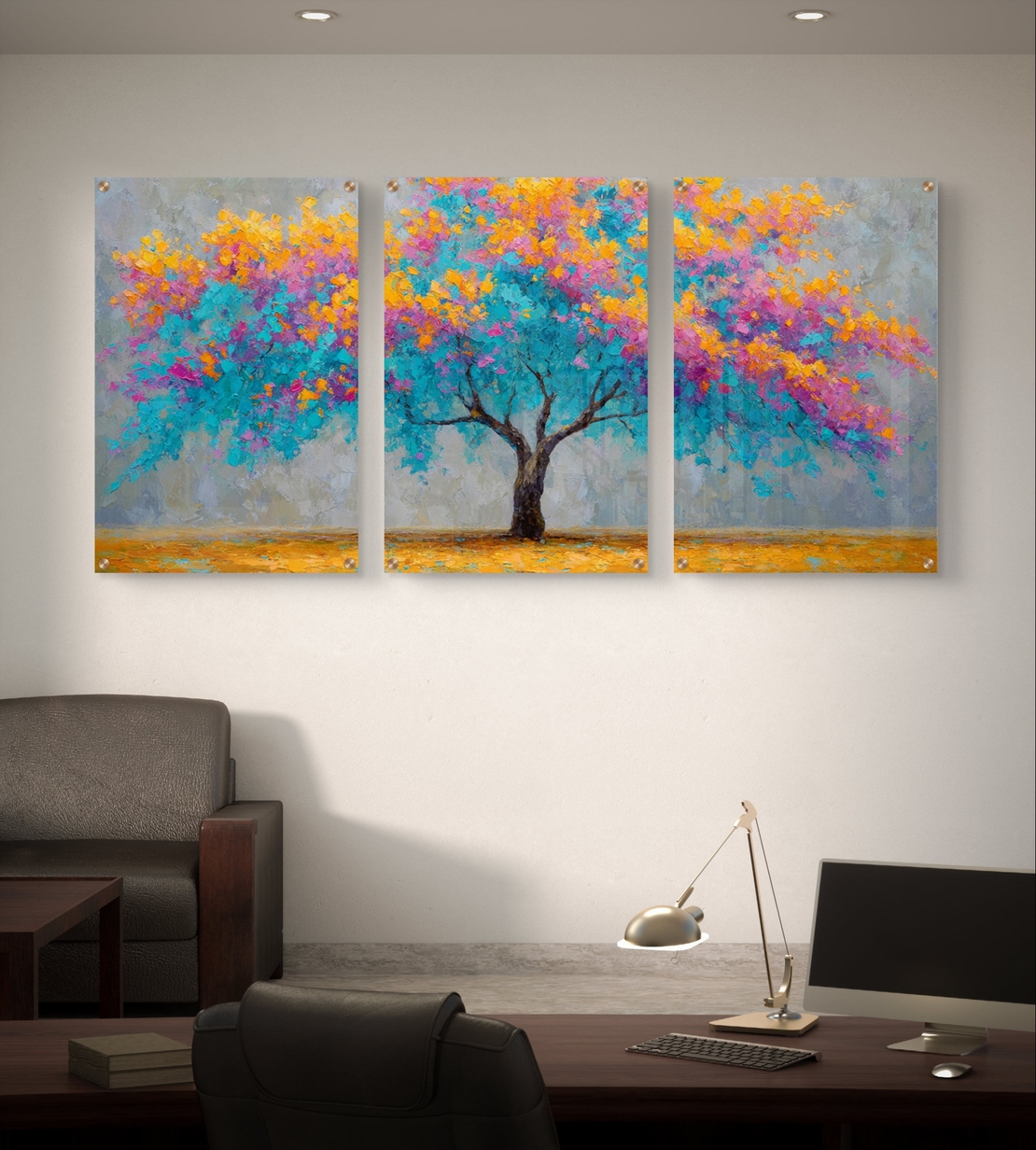 שלישיית תמונות זכוכית עם עץ צבעוני בגווני טורקיז, ורוד וכתום, בהדפסה חלקה ומבריקה לעיצוב קיר יוקרתי