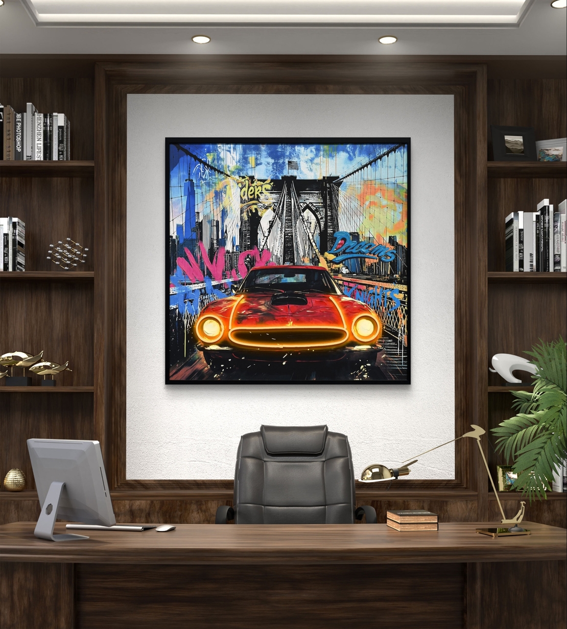 תמונת LED רכב קלאסי בניו יורק – מופעלת על סוללות עם שלט רחוק - מידה 83*83 ס