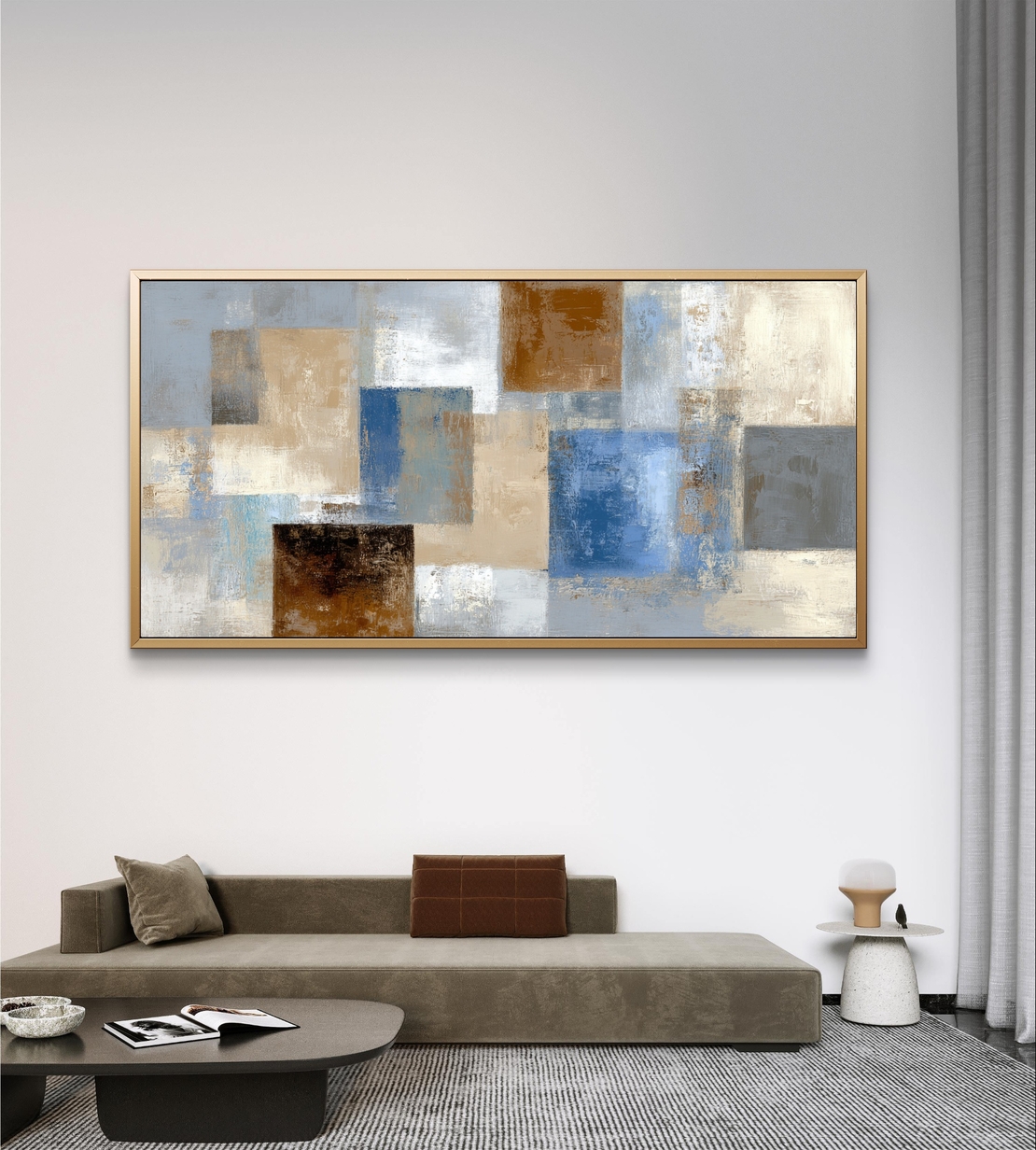 תמונת קנבס לסלון אבסטרקט גיאומטרי בגווני כחול, שמנת, אפור וקרמל, פורמט רוחבי