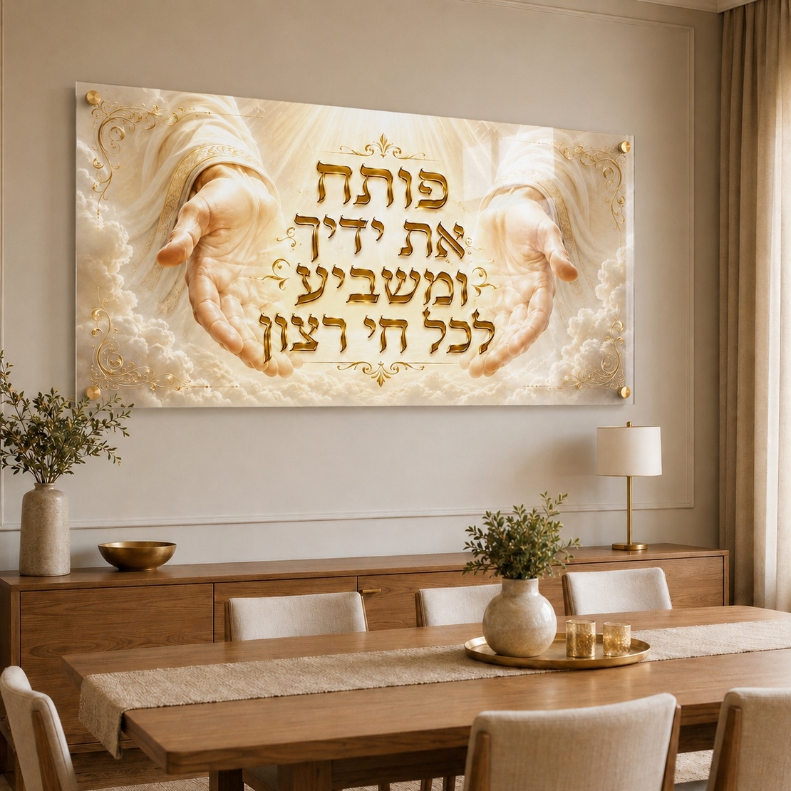 ידיים של ברכה זהובה – תמונת זכוכית לרוחב פותח את ידיך לסלון | RG4062