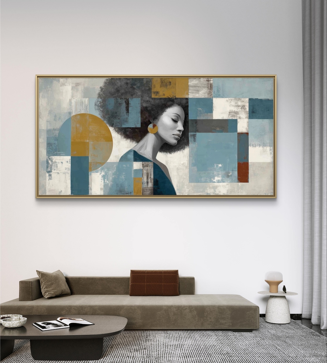 גיאומטריה נשית – תמונת קנבס דיוקן נשי אבסטרקטי בגווני כחול וזהב | CK4815