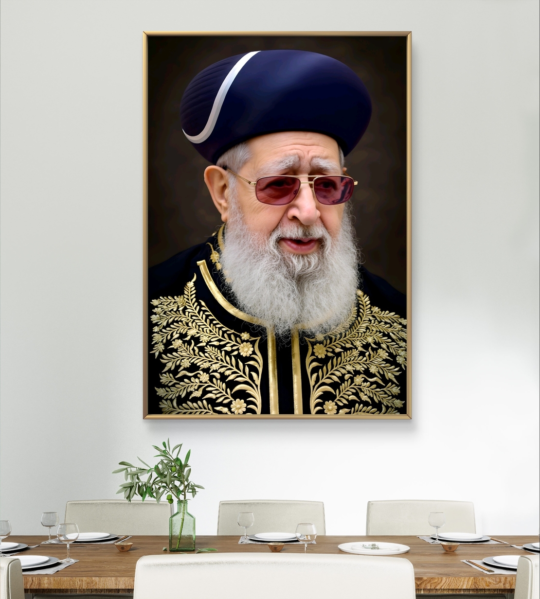 תמונת קנבס אומנותית של הרב עובדיה יוסף, עם מבט מלא חוכמה ויראת שמיים, בלבוש מסורתי מעוטר בזהב. תמונה מרהיבה המכניסה קדושה, תורה וברכה לכל בית וחלל יהודי.
