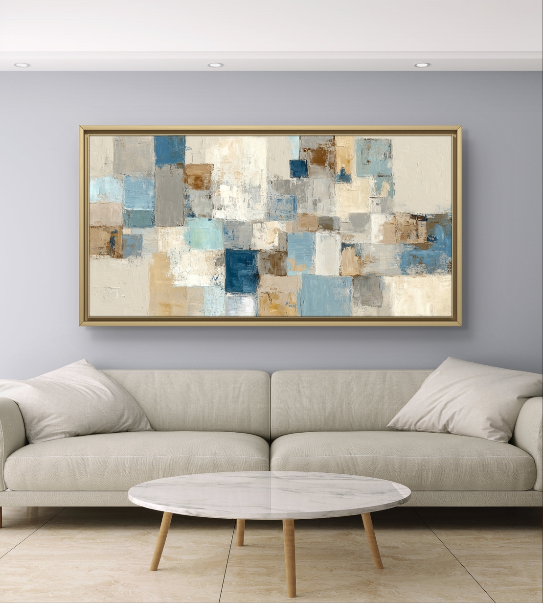 תמונת קנבס אבסטרקטית בגווני תכלת, בז' ואפור – תכשיט לבית